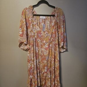 Knee Length Floral Dress in Orange and Pink